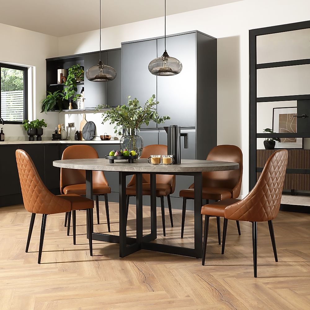 Newbury Oval Industrial Dining Table & 6 Ricco Chairs, Grey Concrete Effect & Black Steel, Tan Premium Faux Leather, 180cm