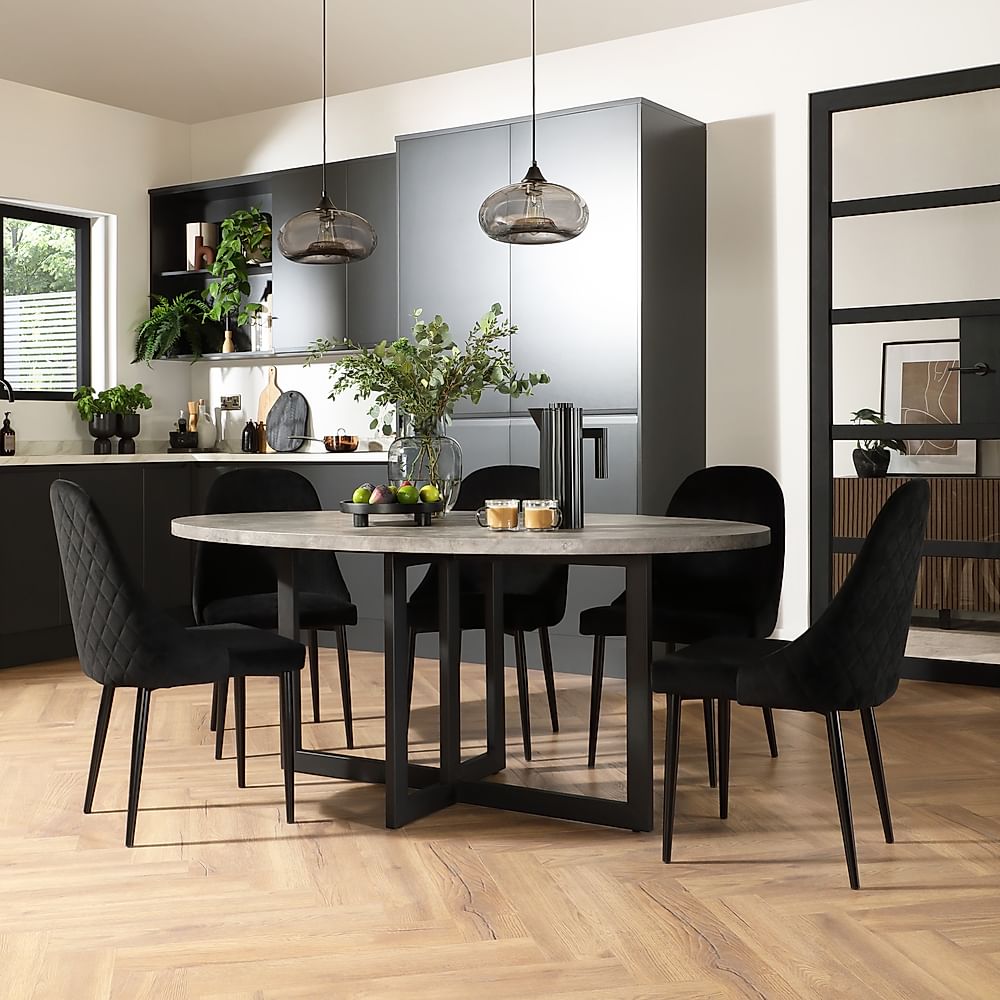 Newbury Oval Industrial Dining Table & 4 Ricco Chairs, Grey Concrete Effect & Black Steel, Black Classic Velvet, 180cm