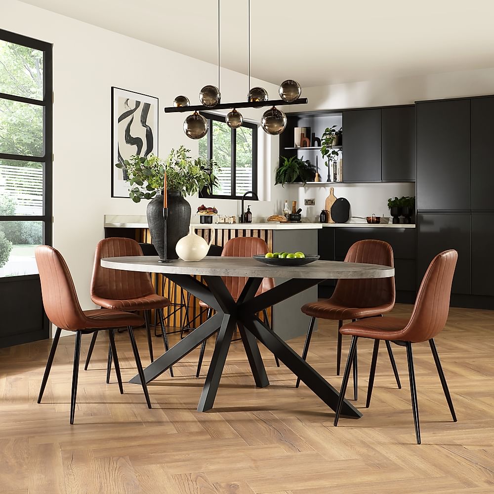 Madison Oval Industrial Dining Table & 4 Brooklyn Chairs, Grey Concrete Effect & Black Steel, Tan Classic Faux Leather, 180cm