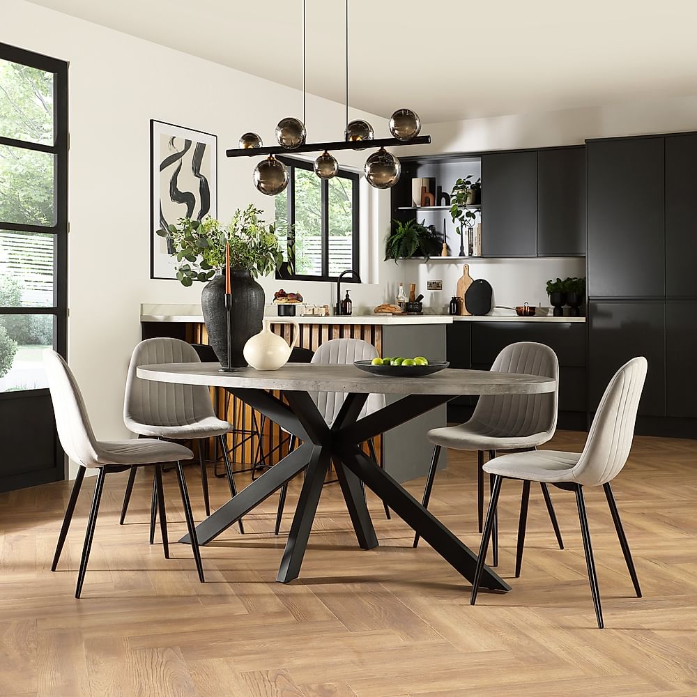 Madison Oval Industrial Dining Table & 4 Brooklyn Chairs, Grey Concrete Effect & Black Steel, Grey Classic Velvet, 180cm