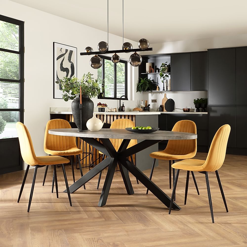 Madison Oval Industrial Dining Table & 4 Brooklyn Chairs, Grey Concrete Effect & Black Steel, Mustard Classic Velvet, 180cm