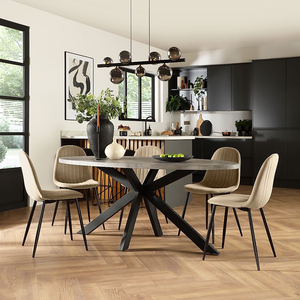 Madison Oval Industrial Dining Table & 6 Brooklyn Chairs, Grey Concrete Effect & Black Steel, Champagne Classic Velvet, 180cm
