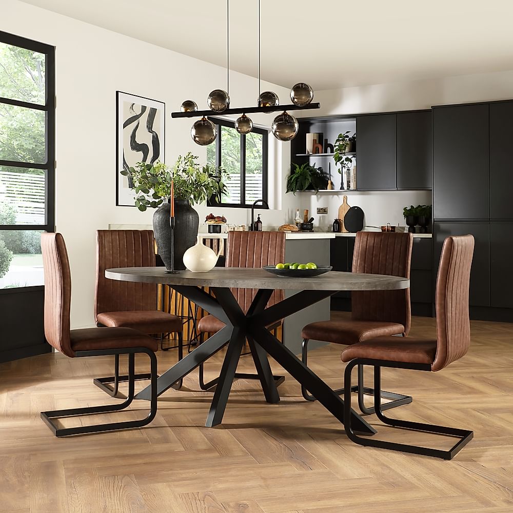Madison Oval Industrial Dining Table & 6 Perth Chairs, Grey Concrete Effect & Black Steel, Tan Classic Faux Leather, 180cm