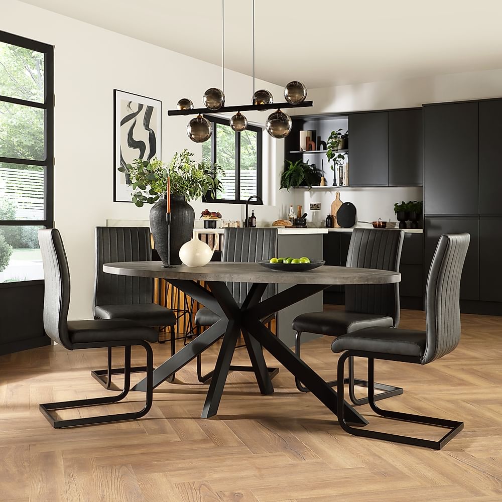 Madison Oval Industrial Dining Table & 6 Perth Chairs, Grey Concrete Effect & Black Steel, Vintage Grey Premium Faux Leather, 180cm