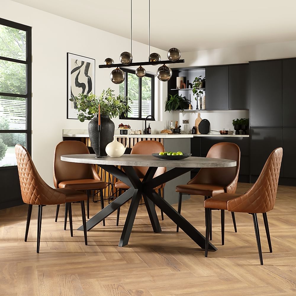 Madison Oval Industrial Dining Table & 4 Ricco Chairs, Grey Concrete Effect & Black Steel, Tan Premium Faux Leather, 180cm