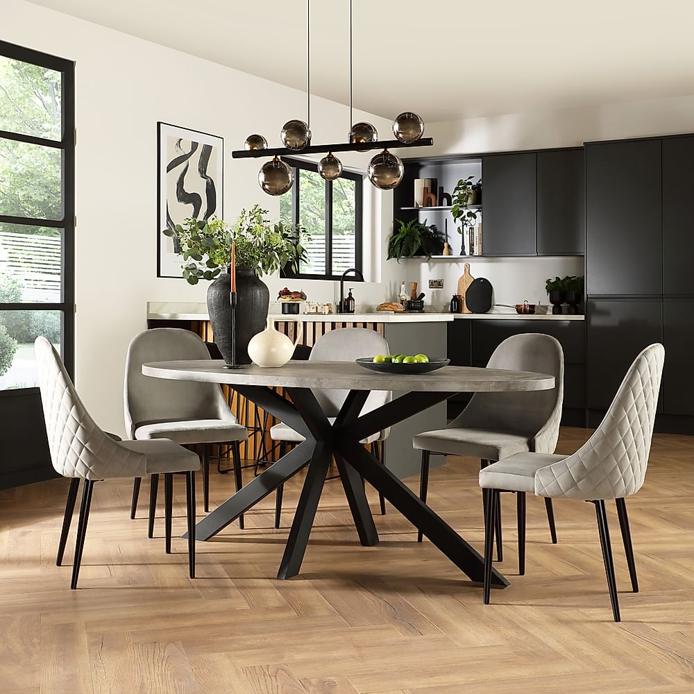Madison Oval Industrial Dining Table & 6 Ricco Chairs, Grey Concrete Effect & Black Steel, Grey Classic Velvet, 180cm