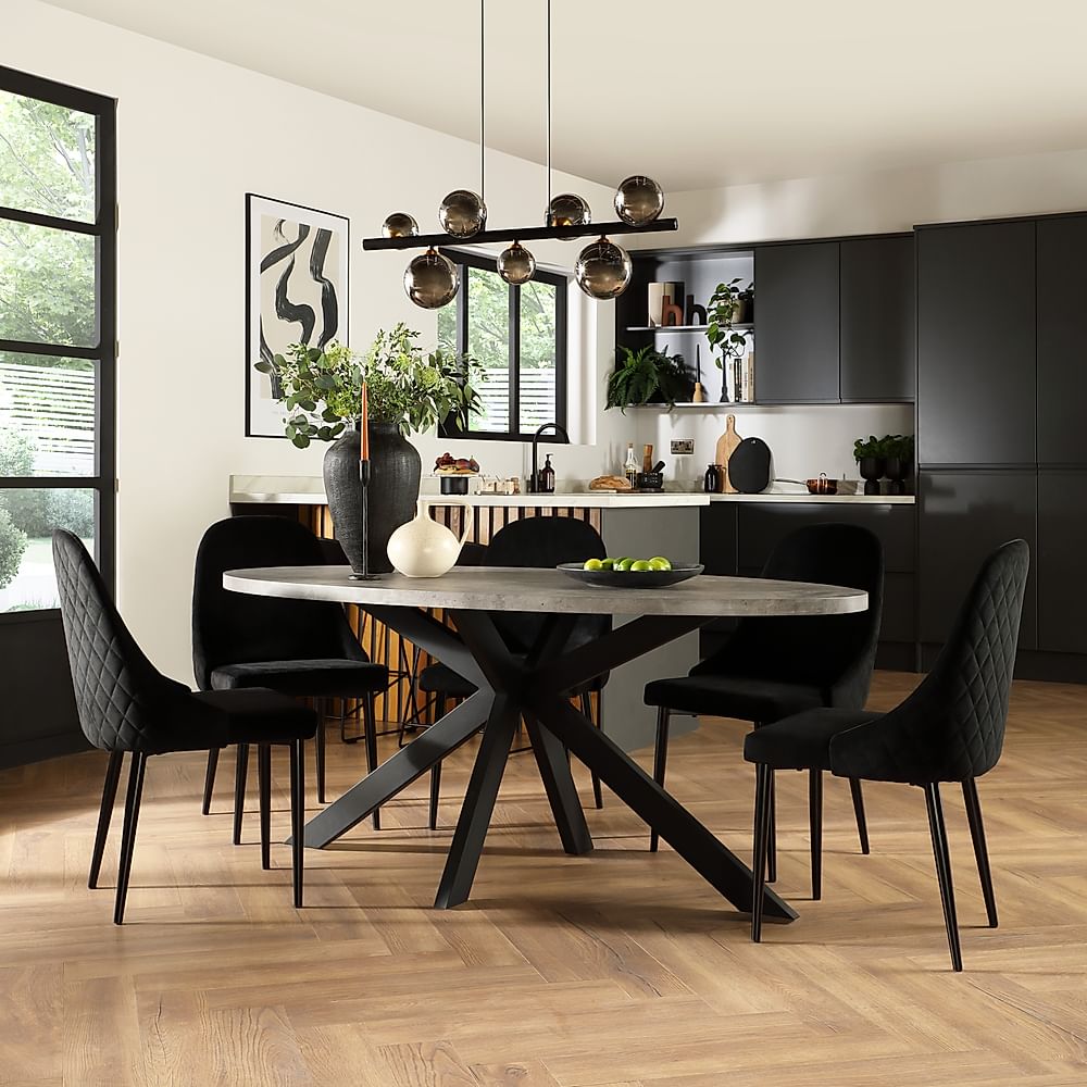 Madison Oval Industrial Dining Table & 4 Ricco Chairs, Grey Concrete Effect & Black Steel, Black Classic Velvet, 180cm