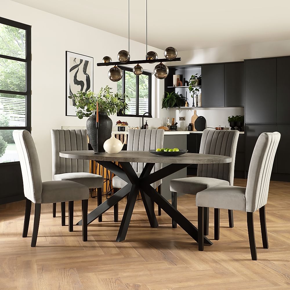 Madison Oval Industrial Dining Table & 4 Salisbury Chairs, Grey Concrete Effect & Black Steel, Grey Classic Velvet & Black Solid Hardwood, 180cm