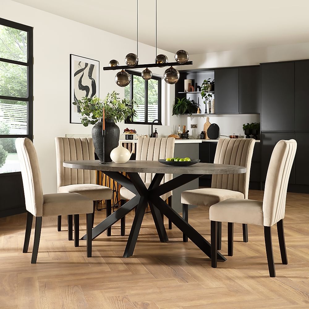 Madison Oval Industrial Dining Table & 4 Salisbury Chairs, Grey Concrete Effect & Black Steel, Champagne Classic Velvet & Black Solid Hardwood, 180cm
