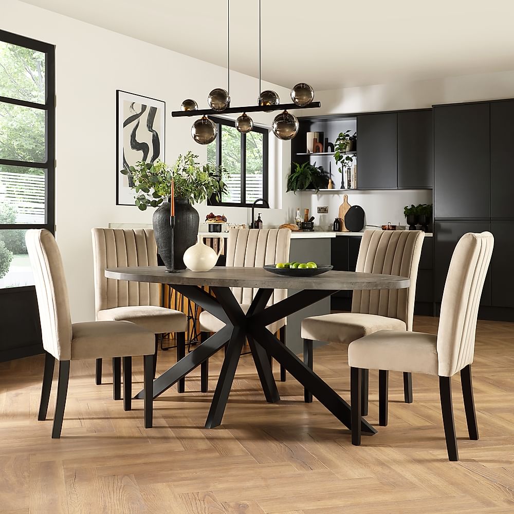 Madison Oval Industrial Dining Table & 6 Salisbury Chairs, Grey Concrete Effect & Black Steel, Champagne Classic Velvet & Black Solid Hardwood, 180cm