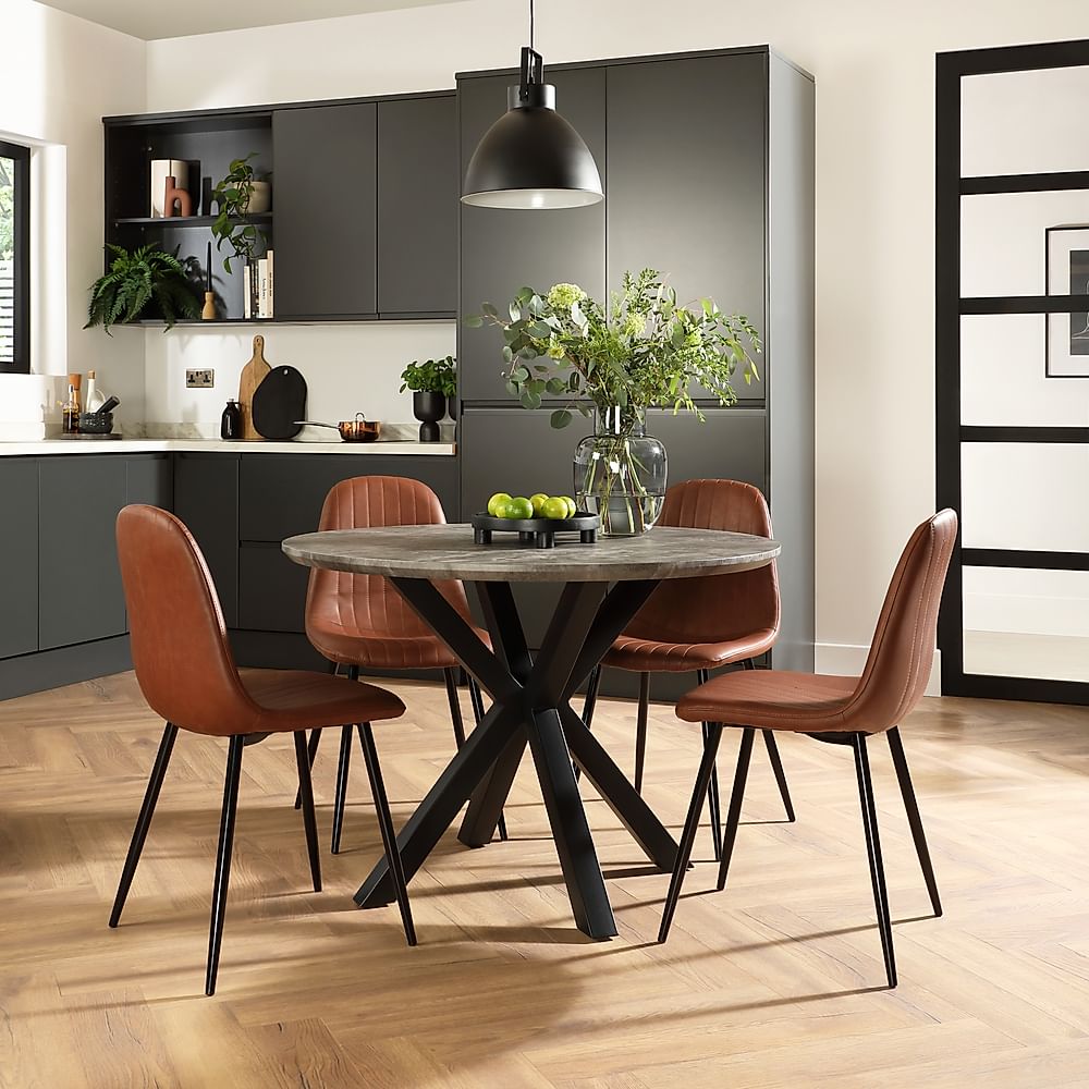 Newark Round Industrial Dining Table & 4 Brooklyn Chairs, Grey Concrete Effect & Black Steel, Tan Classic Faux Leather, 110cm