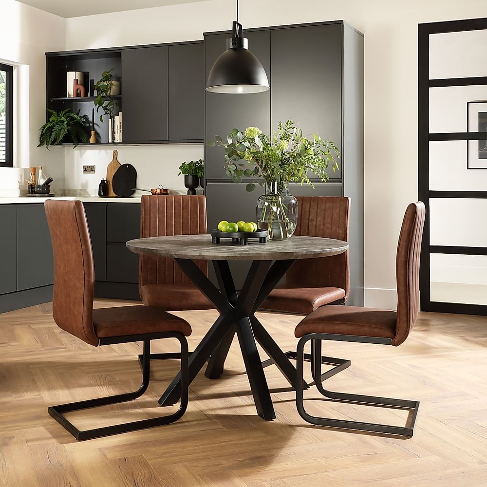 Newark Round Industrial Dining Table & 4 Perth Chairs, Grey Concrete Effect & Black Steel, Tan Classic Faux Leather, 110cm
