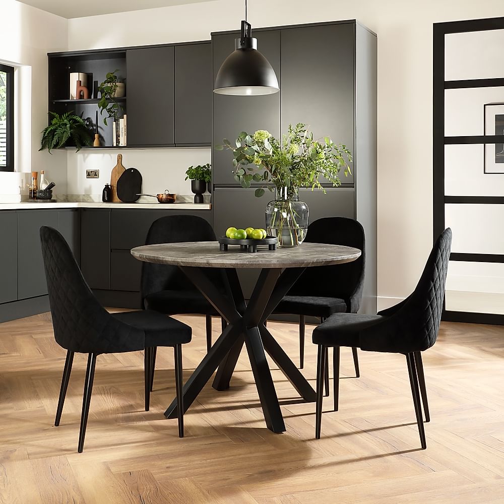 Newark Round Industrial Dining Table & 4 Ricco Chairs, Grey Concrete Effect & Black Steel, Black Classic Velvet, 110cm