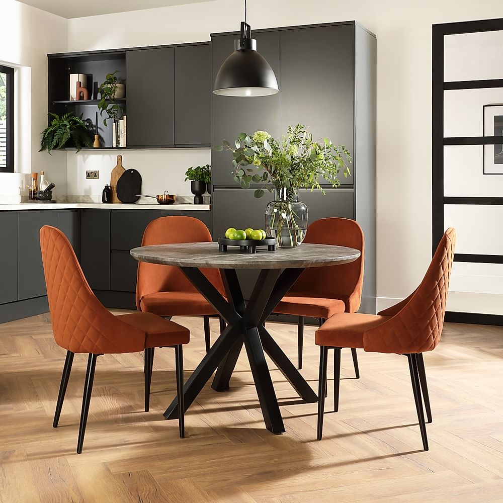 Newark Round Industrial Dining Table & 4 Ricco Chairs, Grey Concrete Effect & Black Steel, Burnt Orange Classic Velvet, 110cm