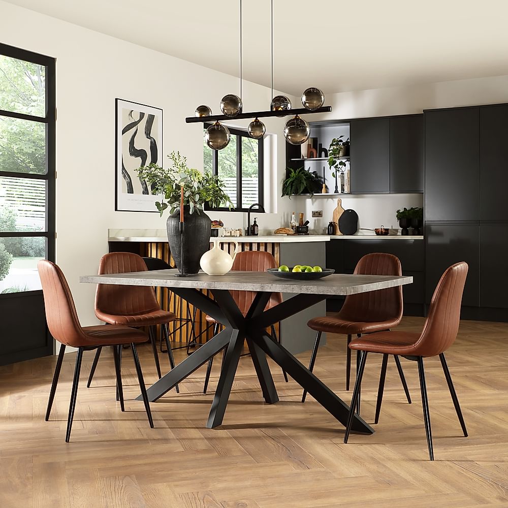 Madison Industrial Dining Table & 6 Brooklyn Chairs, Grey Concrete Effect & Black Steel, Tan Classic Faux Leather, 160cm