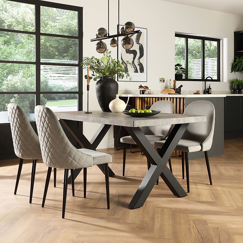 Franklin Industrial Dining Table & 4 Ricco Chairs, Grey Concrete Effect & Black Steel, Grey Classic Velvet, 150cm
