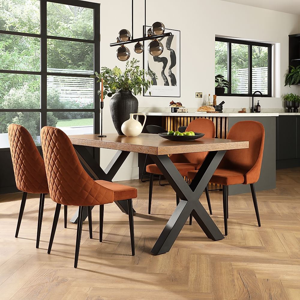 Franklin Industrial Dining Table & 4 Ricco Chairs, Dark Oak Veneer & Black Steel, Burnt Orange Classic Velvet, 150cm