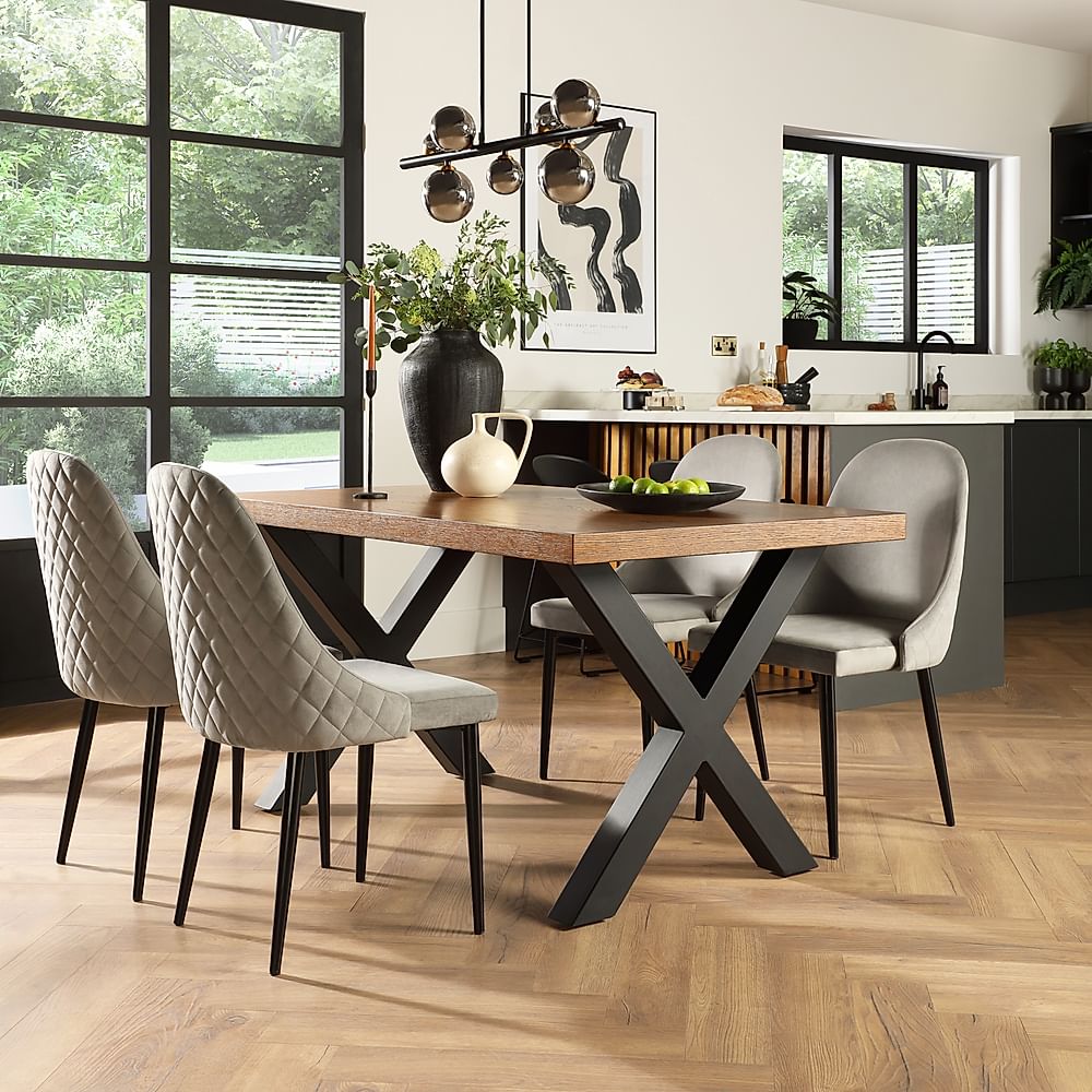 Franklin Industrial Dining Table & 4 Ricco Chairs, Dark Oak Veneer & Black Steel, Grey Classic Velvet, 150cm
