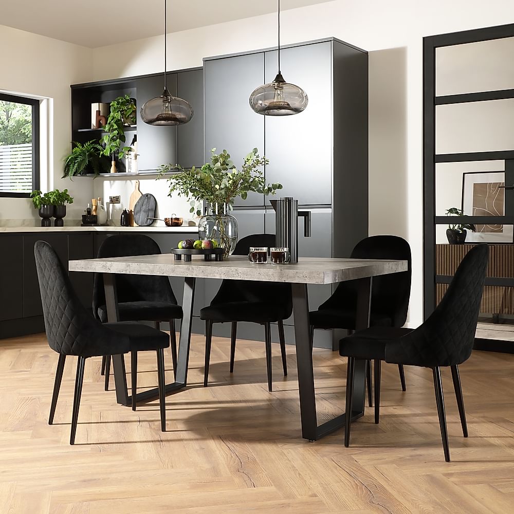 Addison Industrial Dining Table & 6 Ricco Chairs, Grey Concrete Effect & Black Steel, Black Classic Velvet, 150cm