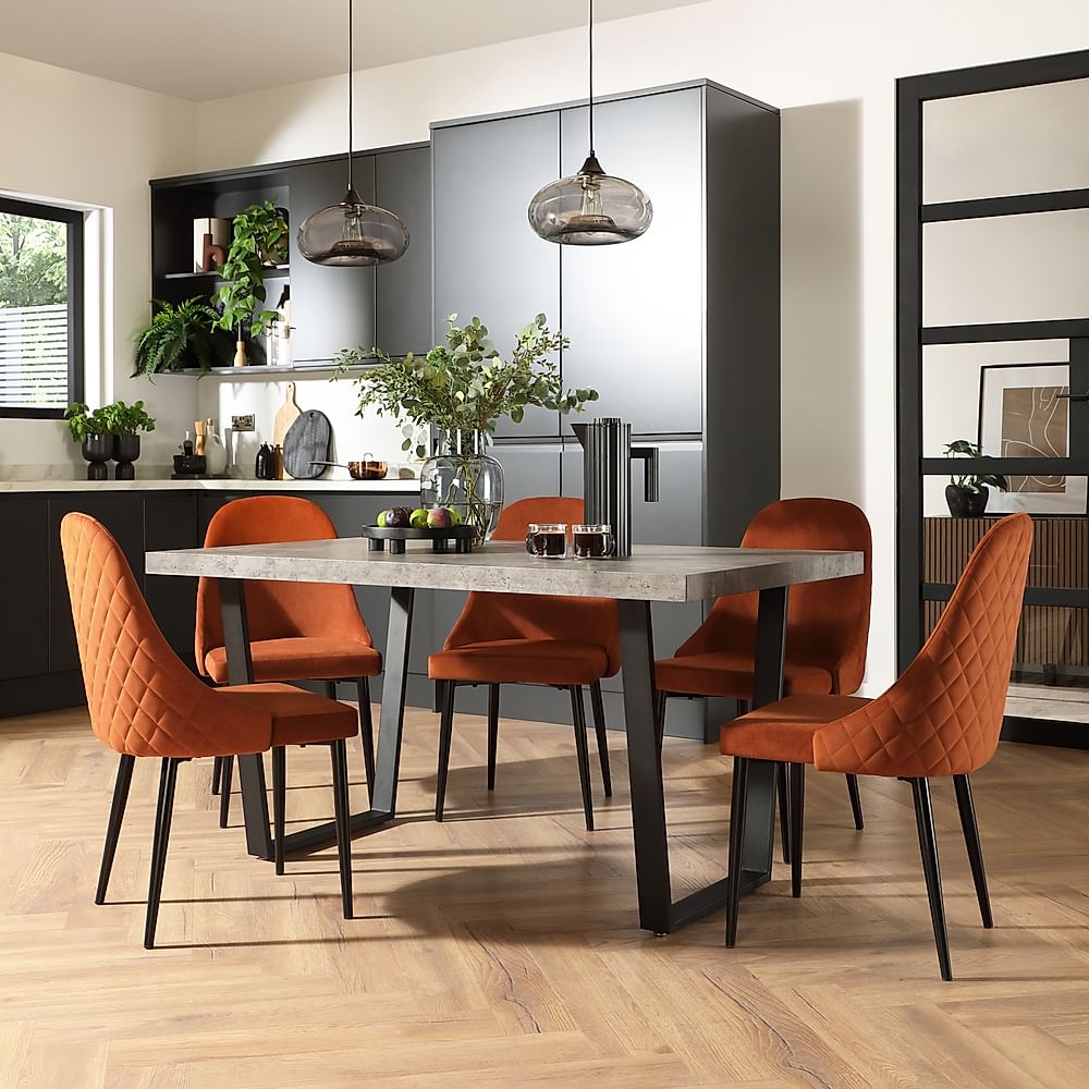 Addison Industrial Dining Table & 4 Ricco Chairs, Grey Concrete Effect & Black Steel, Burnt Orange Classic Velvet, 150cm