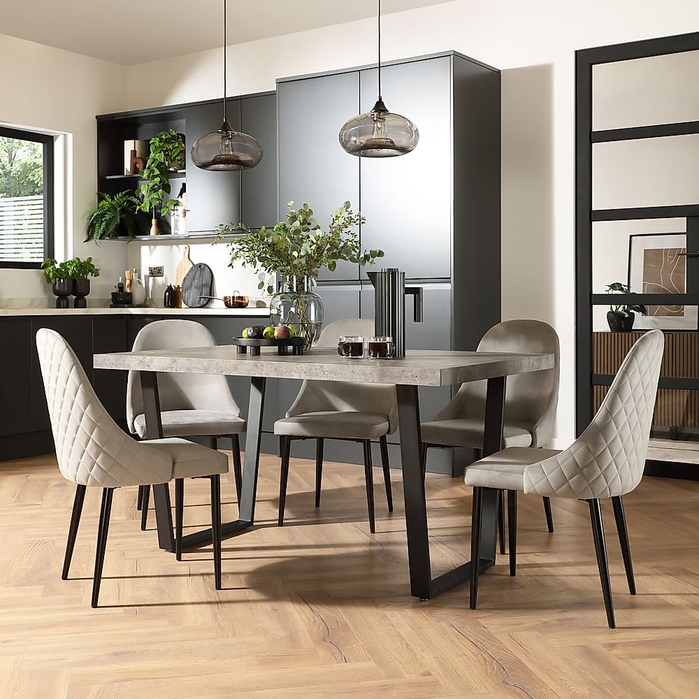 Addison Industrial Dining Table & 4 Ricco Chairs, Grey Concrete Effect & Black Steel, Grey Classic Velvet, 150cm