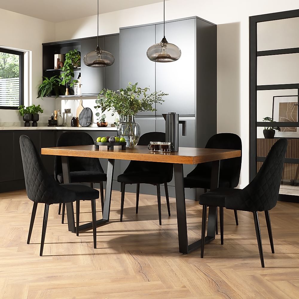 Addison Industrial Dining Table & 4 Ricco Chairs, Dark Oak Veneer & Black Steel, Black Classic Velvet, 150cm