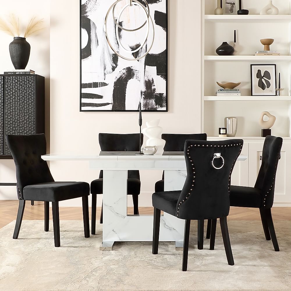 Florence Extending Dining Table & 6 Kensington Chairs, White Marble Effect, Black Classic Velvet & Black Solid Hardwood, 120-160cm