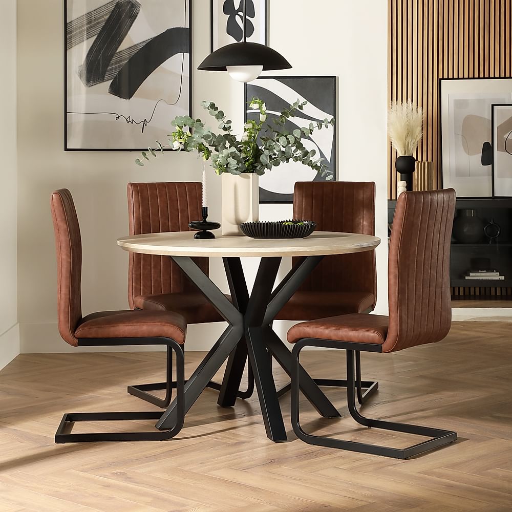 Newark Round Dining Table & 4 Perth Chairs, Light Oak Effect & Black Steel, Tan Classic Faux Leather, 110cm