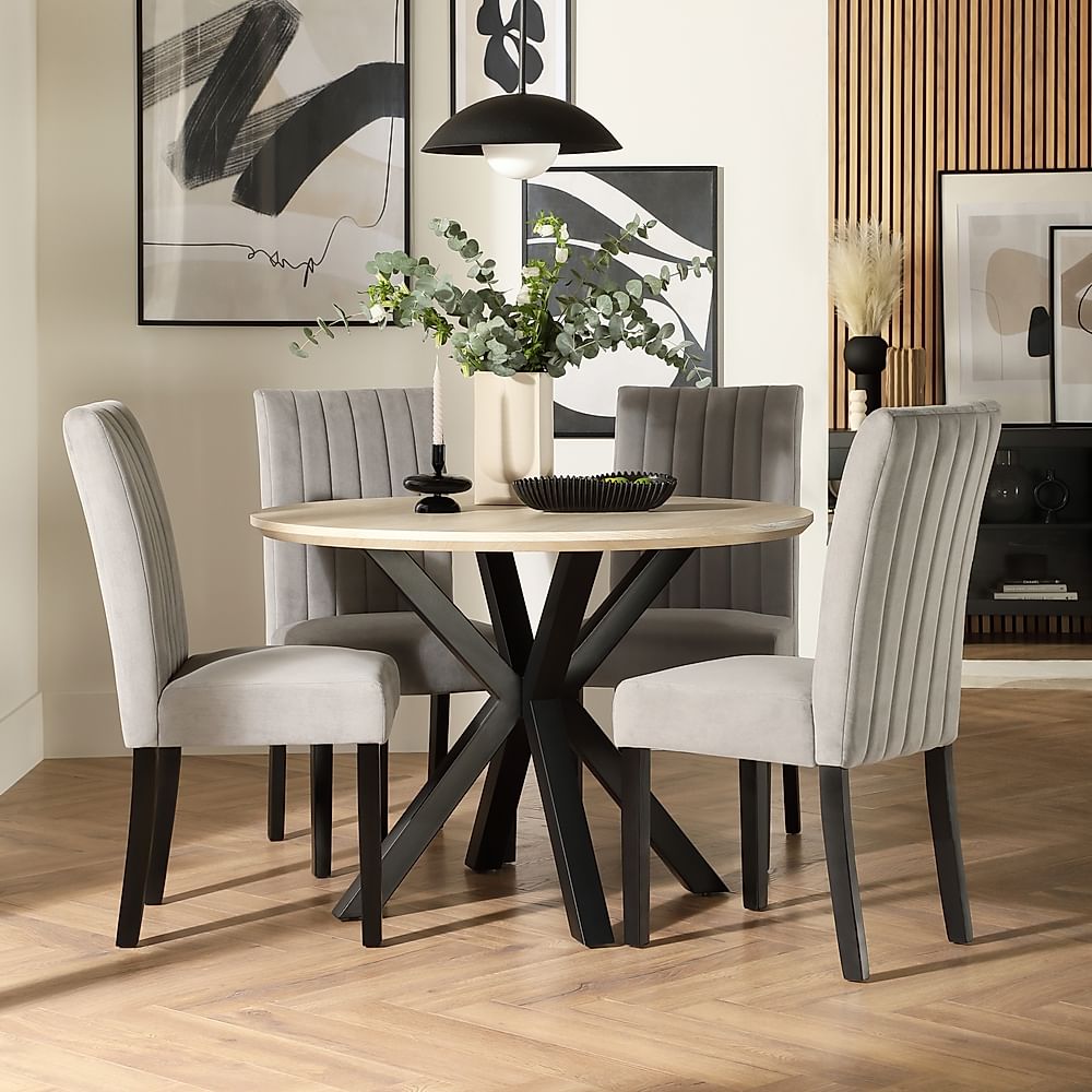 Newark Round Dining Table & 4 Salisbury Chairs, Light Oak Effect & Black Steel, Grey Classic Velvet & Black Solid Hardwood, 110cm