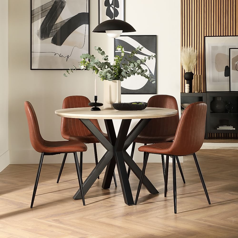 Newark Round Dining Table & 4 Brooklyn Chairs, Light Oak Effect & Black Steel, Tan Classic Faux Leather, 110cm