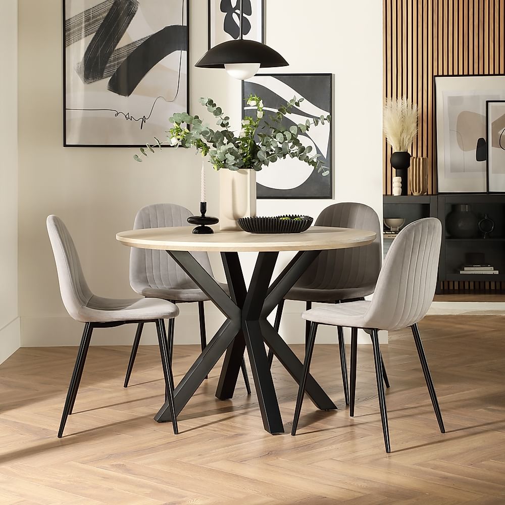 Newark Round Dining Table & 4 Brooklyn Chairs, Light Oak Effect & Black Steel, Grey Classic Velvet, 110cm