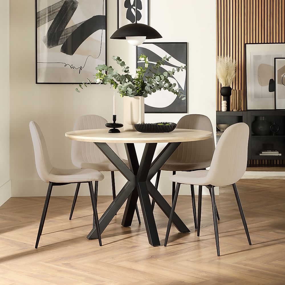 Newark Round Dining Table & 4 Brooklyn Chairs, Light Oak Effect & Black Steel, Champagne Classic Velvet, 110cm
