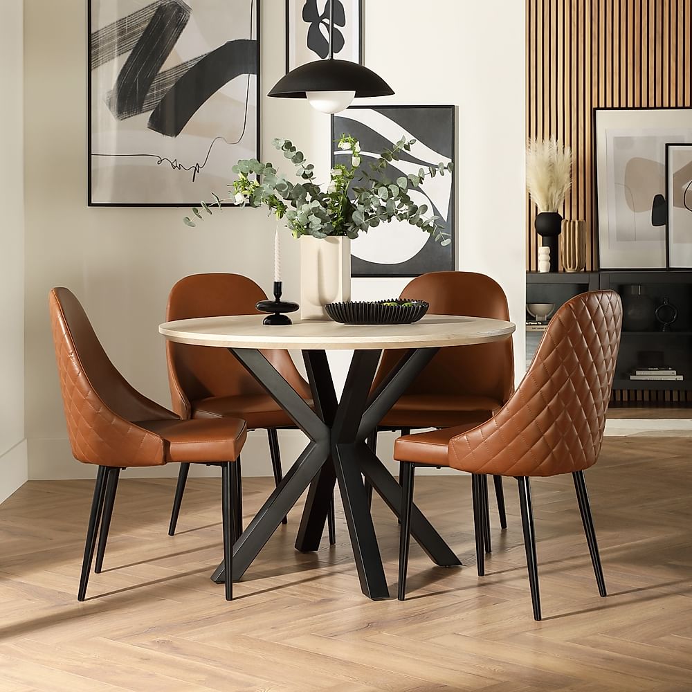 Newark Round Dining Table & 4 Ricco Chairs, Light Oak Effect & Black Steel, Tan Premium Faux Leather, 110cm