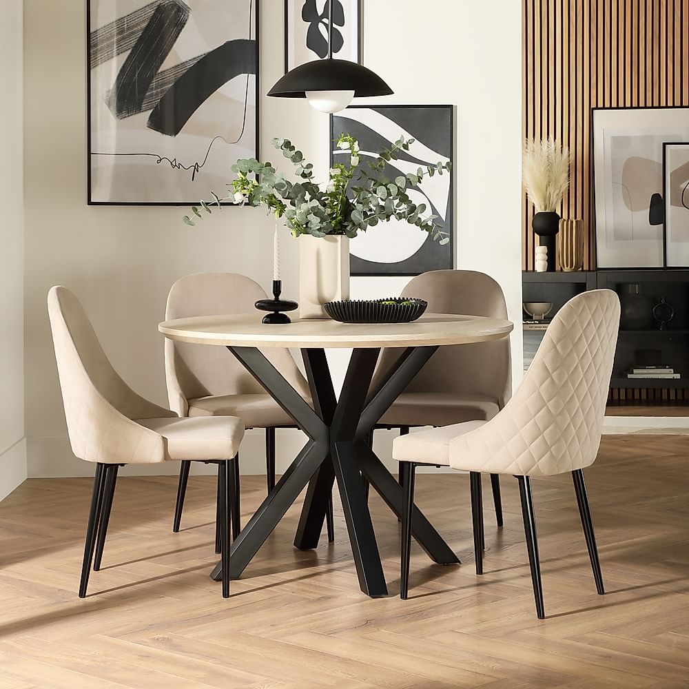 Newark Round Dining Table & 4 Ricco Chairs, Light Oak Effect & Black Steel, Champagne Classic Velvet, 110cm