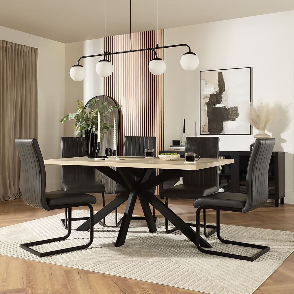 Madison Dining Table & 4 Perth Chairs, Light Oak Effect & Black Steel, Vintage Grey Classic Faux Leather, 160cm