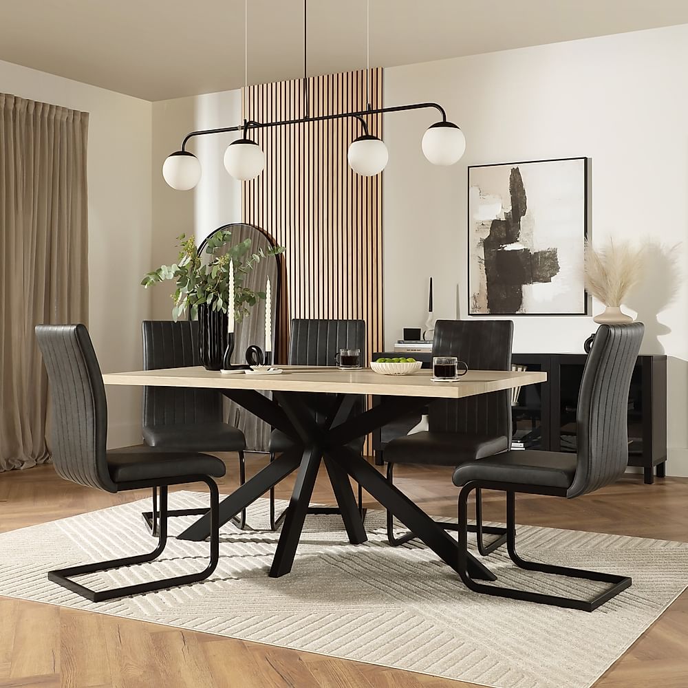 Madison Dining Table & 6 Perth Chairs, Light Oak Effect & Black Steel, Vintage Grey Premium Faux Leather, 160cm