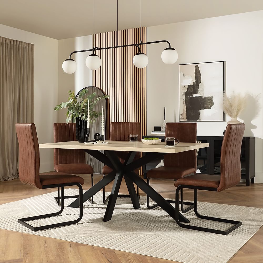 Madison Dining Table & 4 Perth Chairs, Light Oak Effect & Black Steel, Tan Classic Faux Leather, 160cm