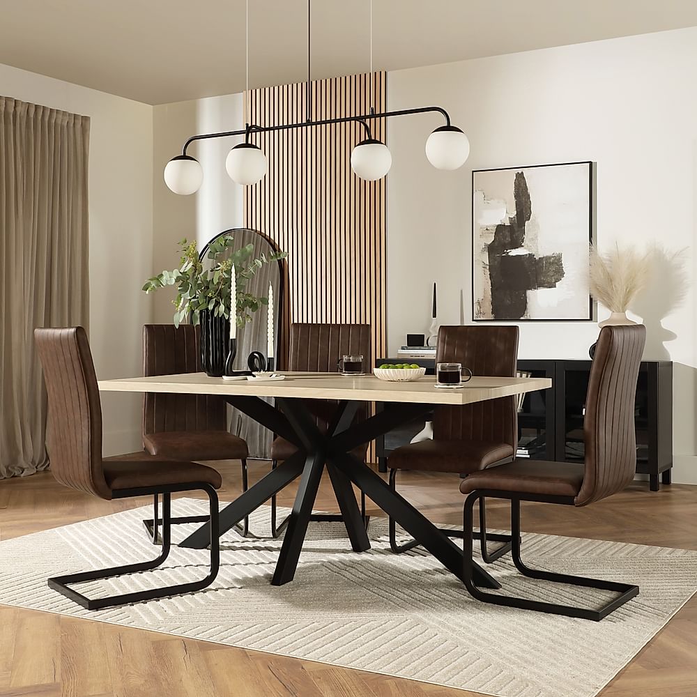 Madison Dining Table & 4 Perth Chairs, Light Oak Effect & Black Steel, Vintage Brown Classic Faux Leather, 160cm