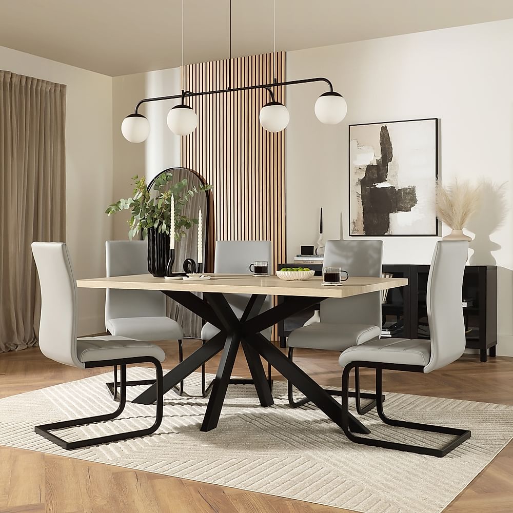 Madison Dining Table & 4 Perth Chairs, Light Oak Effect & Black Steel, Light Grey Classic Faux Leather, 160cm