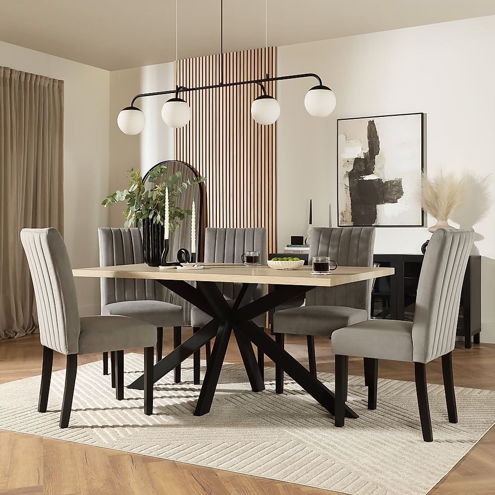 Madison Dining Table & 6 Salisbury Chairs, Light Oak Effect & Black Steel, Grey Classic Velvet & Black Solid Hardwood, 160cm