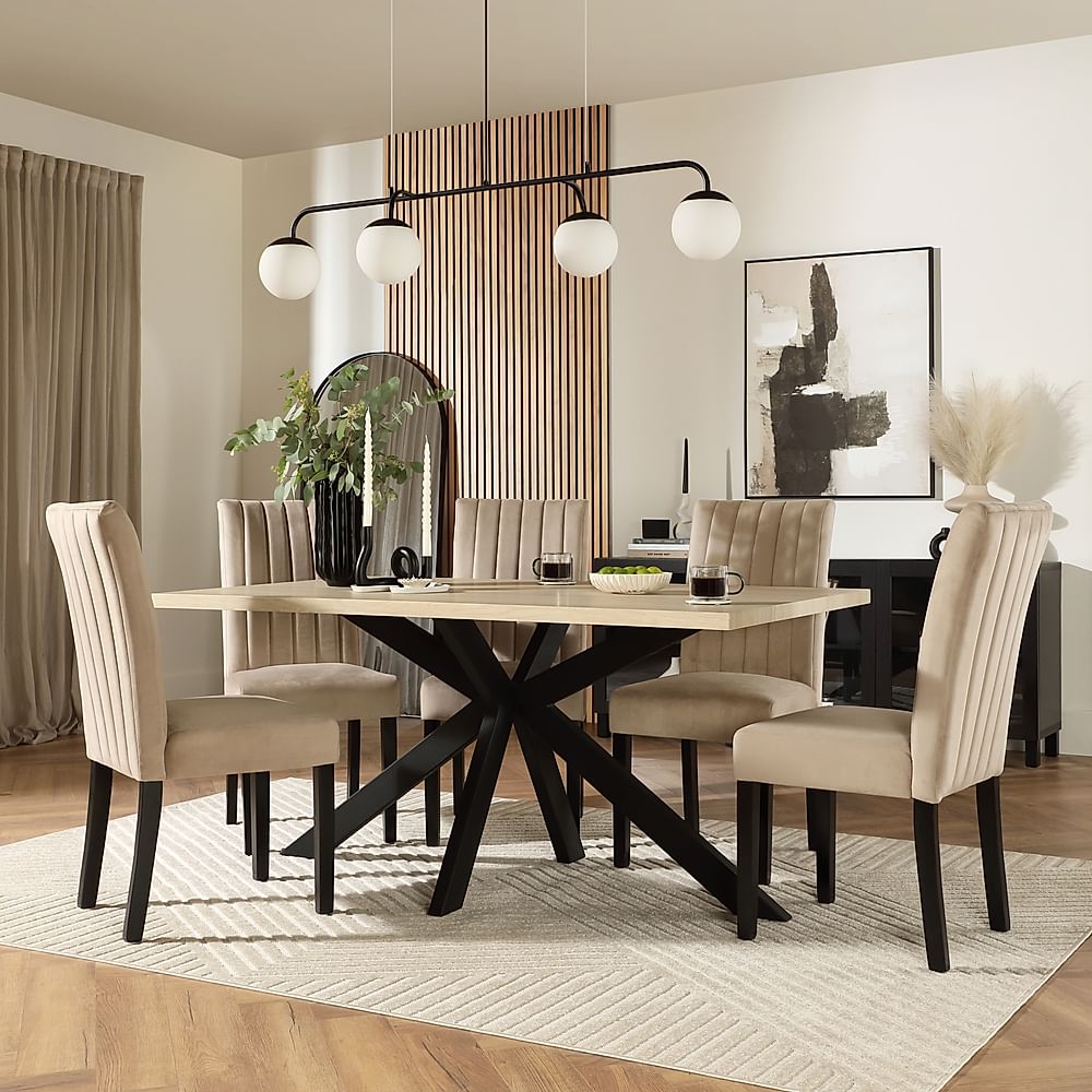 Madison Dining Table & 4 Salisbury Chairs, Light Oak Effect & Black Steel, Champagne Classic Velvet & Black Solid Hardwood, 160cm