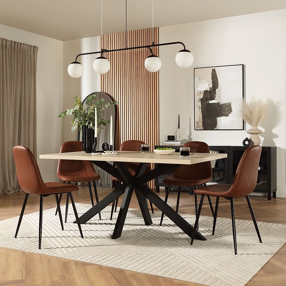 Madison Dining Table & 4 Brooklyn Chairs, Light Oak Effect & Black Steel, Tan Classic Faux Leather, 160cm