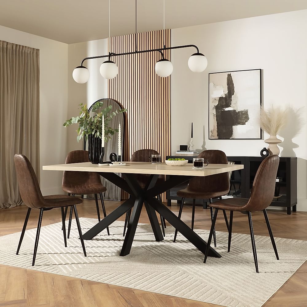 Madison Dining Table & 6 Brooklyn Chairs, Light Oak Effect & Black Steel, Vintage Brown Classic Faux Leather, 160cm