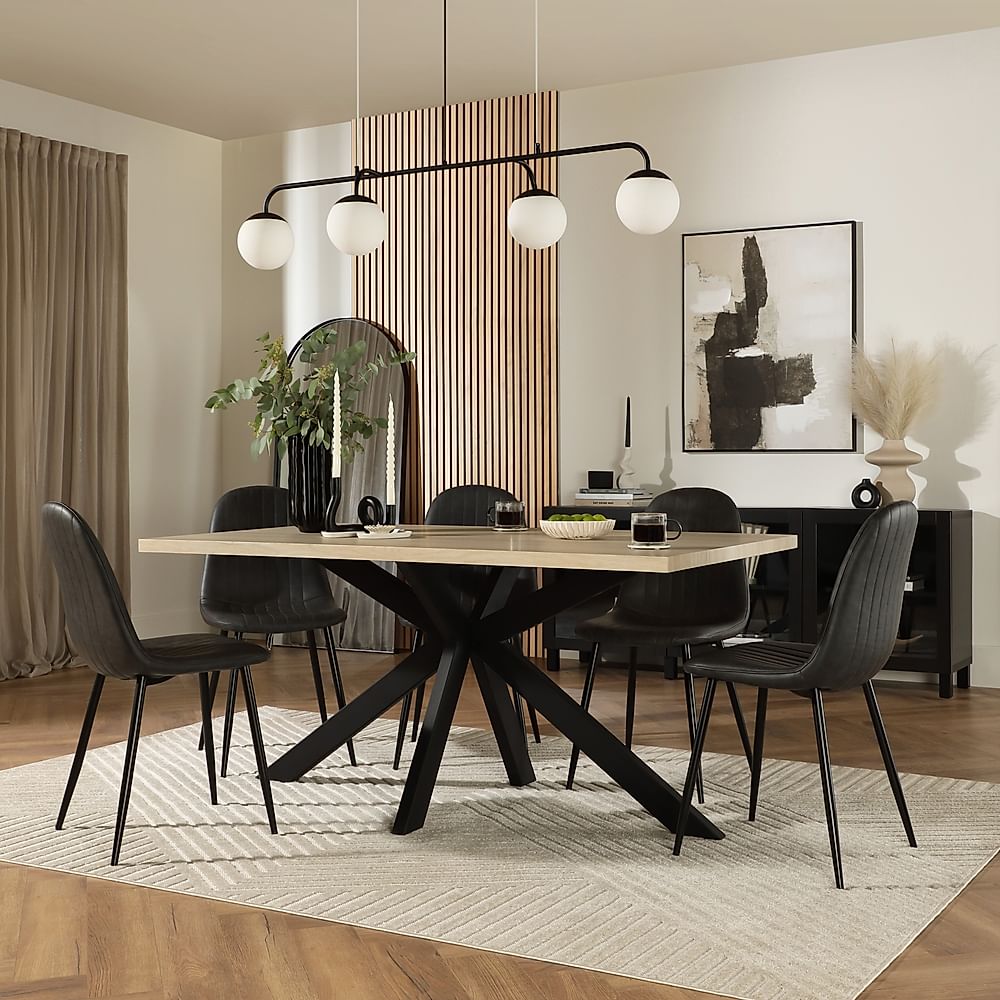 Madison Dining Table & 4 Brooklyn Chairs, Light Oak Effect & Black Steel, Vintage Grey Premium Faux Leather, 160cm