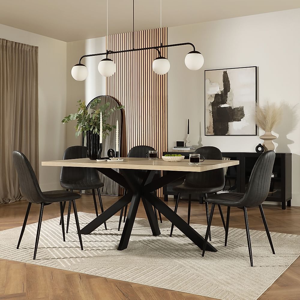 Madison Dining Table & 6 Brooklyn Chairs, Light Oak Effect & Black Steel, Vintage Grey Classic Faux Leather, 160cm