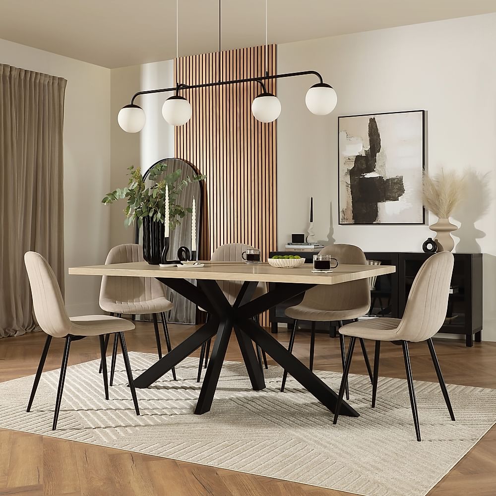 Madison Dining Table & 4 Brooklyn Chairs, Light Oak Effect & Black Steel, Champagne Classic Velvet, 160cm