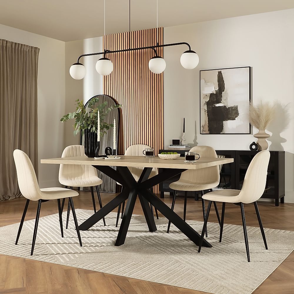 Madison Dining Table & 6 Brooklyn Chairs, Light Oak Effect & Black Steel, Ivory Classic Plush Fabric, 160cm
