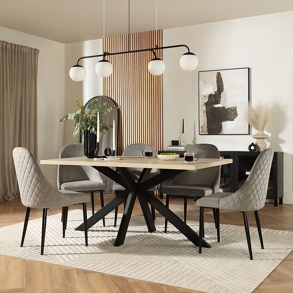 Madison Dining Table & 6 Ricco Chairs, Light Oak Effect & Black Steel, Grey Classic Velvet, 160cm