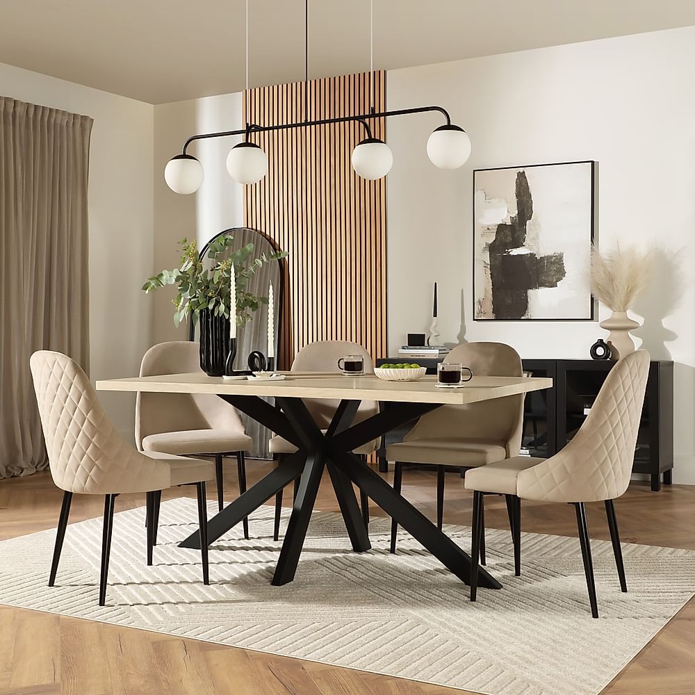 Madison Dining Table & 4 Ricco Chairs, Light Oak Effect & Black Steel, Champagne Classic Velvet, 160cm