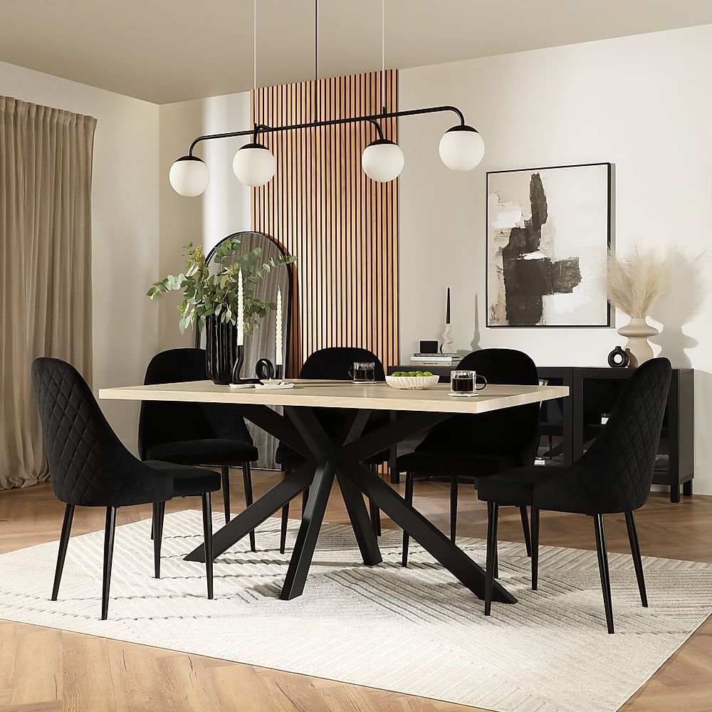 Madison Dining Table & 4 Ricco Chairs, Light Oak Effect & Black Steel, Black Classic Velvet, 160cm